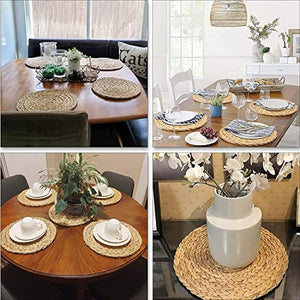 Defined Deco Woven Placemats Set of 4,11.8"Round Rattan Placemats,Natural Hand-Woven Water Hyacinth Placemats,Farmhouse Weave Place Mats,Rustic Braided Wicker Table Mats for Dining Table,Home,Wedding.