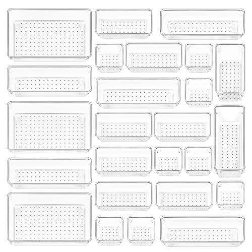 Vtopmart 25 PCS Clear Plastic Drawer Organizers Set, 4-Size Versatile Bathroom and Vanity Drawer Organizer Trays, Storage Bins for Makeup, Bedroom, Kitchen Gadgets Utensils and Office