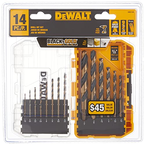 DEWALT Drill Bit Set, 14-Piece, 135 Degree Split Point, For Plastic, Wood and Metal (DWA1184)