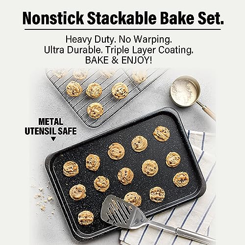 Granitestone Black 6 Pc Stackable Nonstick Bakeware Set With Oven Pans, Baking Sheet, Wire Rack - Complete Kitchen Baking Set, Oven/Dishwasher Safe, 100% Non Toxic…