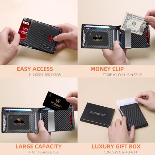 RUNBOX Slim Wallets for Men - Leather Money Clip Mens Wallet - RFID Blocking Front Pocket Bifold Wallet - Minimalist Credit Card Holder with Gift Box