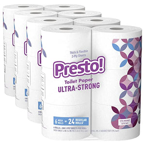 Amazon Brand - Presto! 308-Sheet Mega Roll 2-Ply Toilet Paper, Ultra-Strong, 24 Rolls (4 Packs of 6), Equivalent to 96 Regular Rolls, White