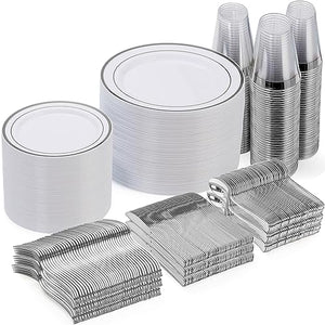 Goodluck 600 Piece Disposable Silver Plates for 100 Guests, Plastic Dinnerware Set of 100 Dinner Plates, 100 Salad Plates, 100 Spoons, 100 Forks, 100 Knives, 100 Cups, Plastic Plates for Party