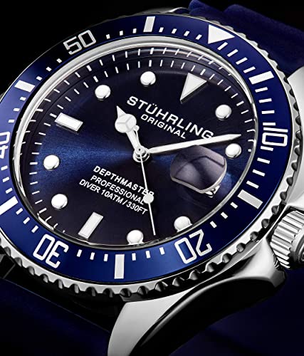 Stuhrling Original Men's Watch Dive Watch Silver 42 MM Case with Screw Down Crown Rubber Strap Water Resistant to 330 FT