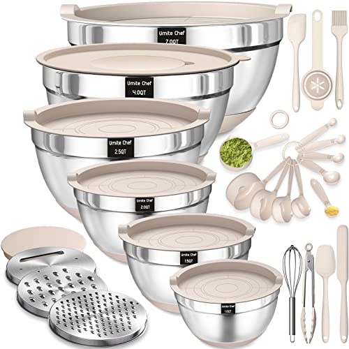 Mixing Bowls with Airtight Lids Set, 26PCS Stainless Steel Khaki Bowls with Grater Attachments, Non-Slip Bottoms & Kitchen Gadgets Set, Size 7, 4, 2.5, 2.0,1.5, 1QT, Great for Mixing & Serving