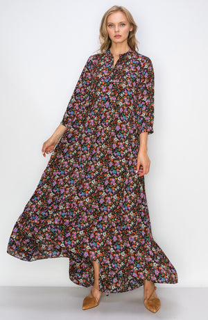 MELLODAY Button Front Hi-Low Maxi Dress, Alternate, color, BLACK DITSY