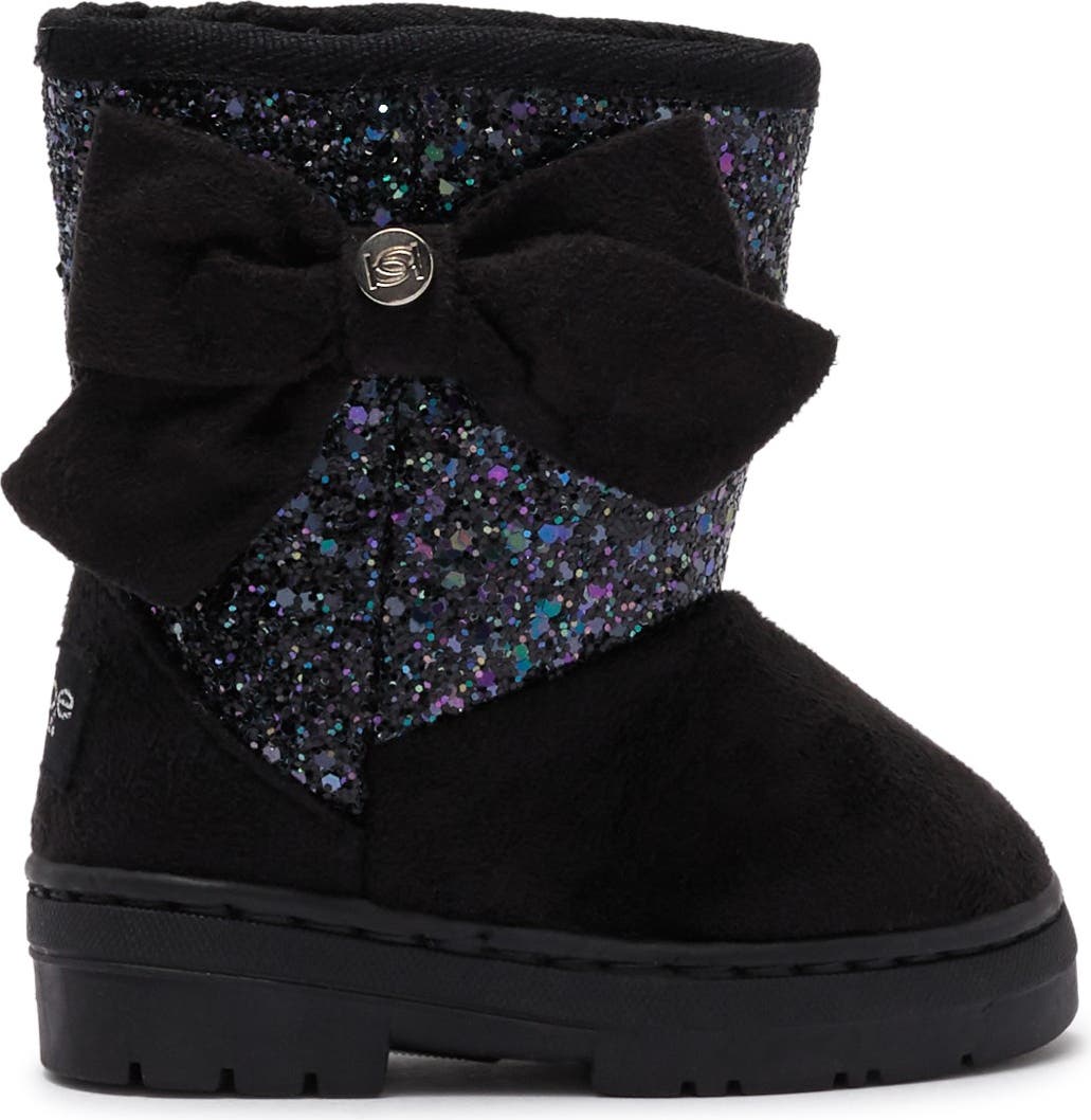 BEBE Glitter Bow Faux Fur Lined Winter Boot, Alternate, color, BLK