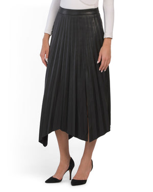 Faux Leather Asymmetrical Pleated Slit Skirt