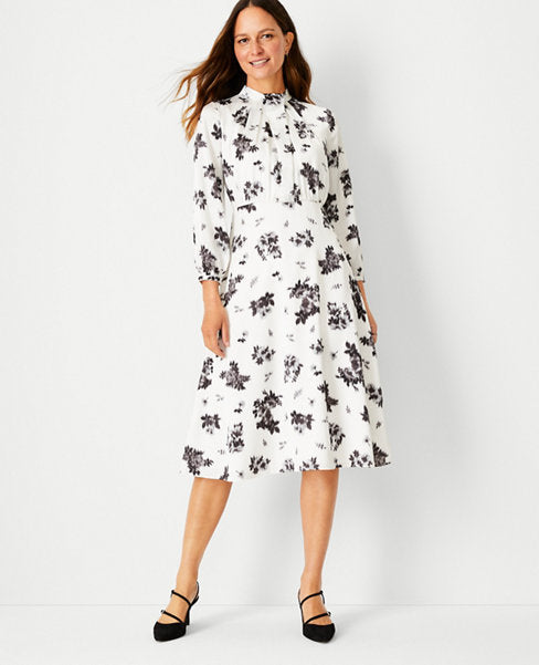 Image 1 of 5 - Ikat Floral Mock Neck Flare Dress