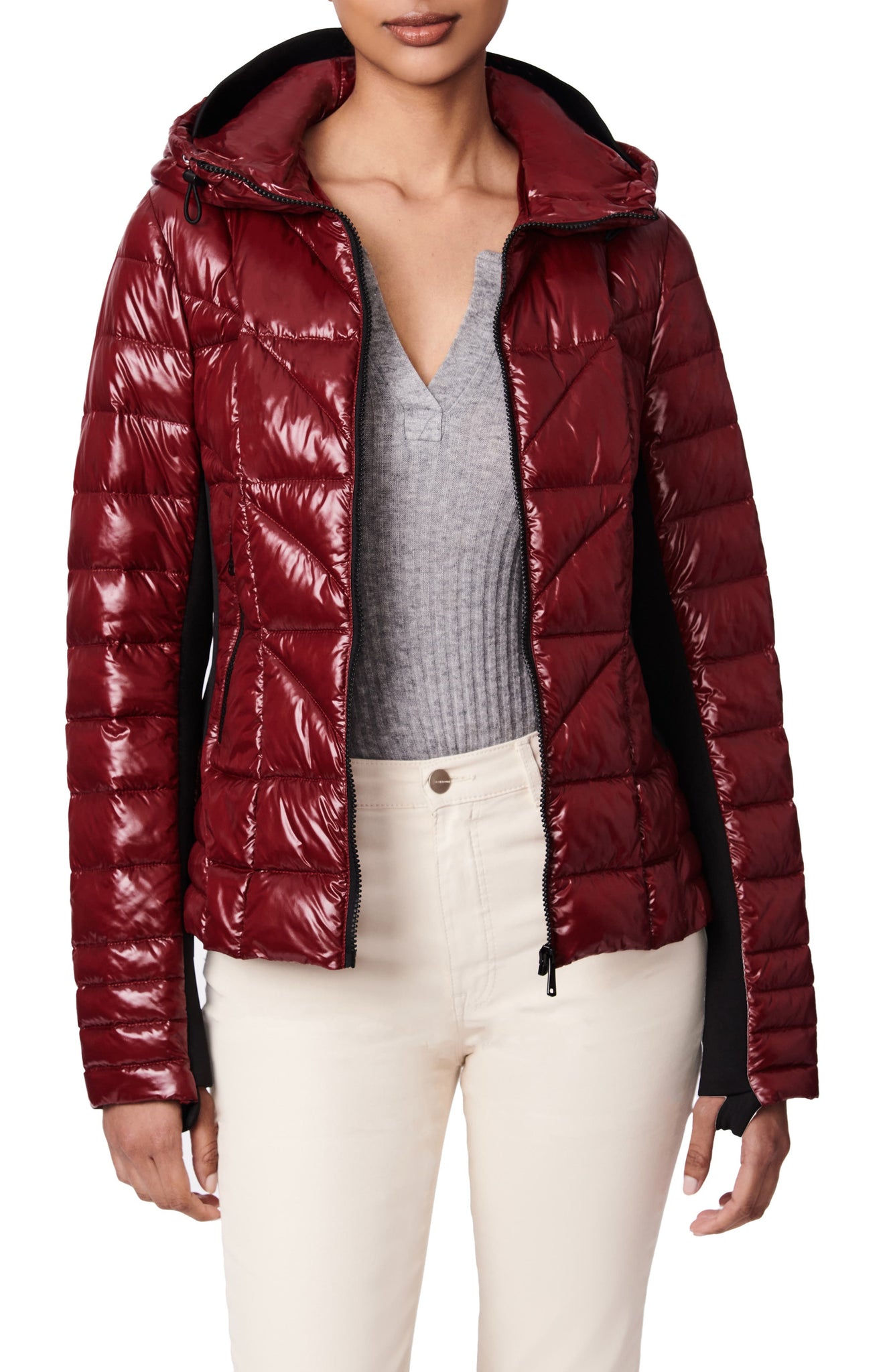 BERNARDO Shiny Neoprene Water Resistant Puffer Jacket, Main, color, DARK RUBY