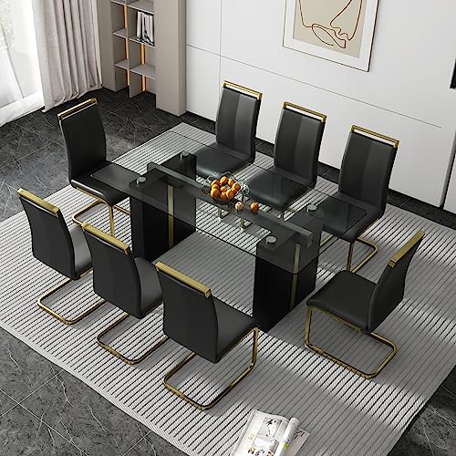 FURNITO Modern Dining Table Set for 8, Kitchen Table and Chairs for 8,71 in Glass Dining Table with 8 Leather Dining Chairs for Kitchen Dining Room