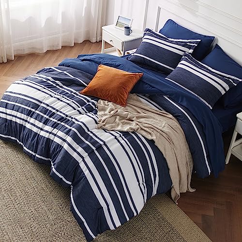 Bedsure Sheets Queen Size Bed Set 7 Pieces, Navy & White Striped Bedding Sets All Season Bed in a Bag, 1 Comforter, 1 Flat Sheet, 1 Fitted Sheet, 2 Pillowcases & 2 Shams