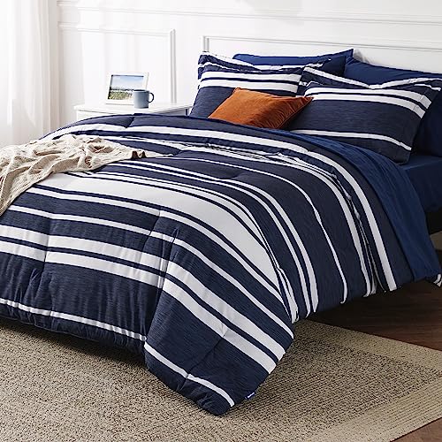 Bedsure Sheets Queen Size Bed Set 7 Pieces, Navy & White Striped Bedding Sets All Season Bed in a Bag, 1 Comforter, 1 Flat Sheet, 1 Fitted Sheet, 2 Pillowcases & 2 Shams