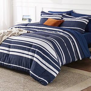 Bedsure Sheets Queen Size Bed Set 7 Pieces, Navy & White Striped Bedding Sets All Season Bed in a Bag, 1 Comforter, 1 Flat Sheet, 1 Fitted Sheet, 2 Pillowcases & 2 Shams