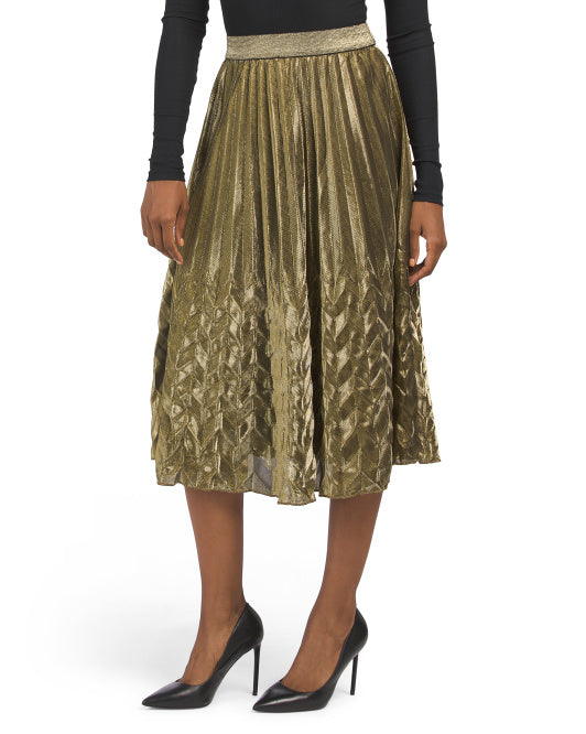 Metallic Pleated Midi Skirt