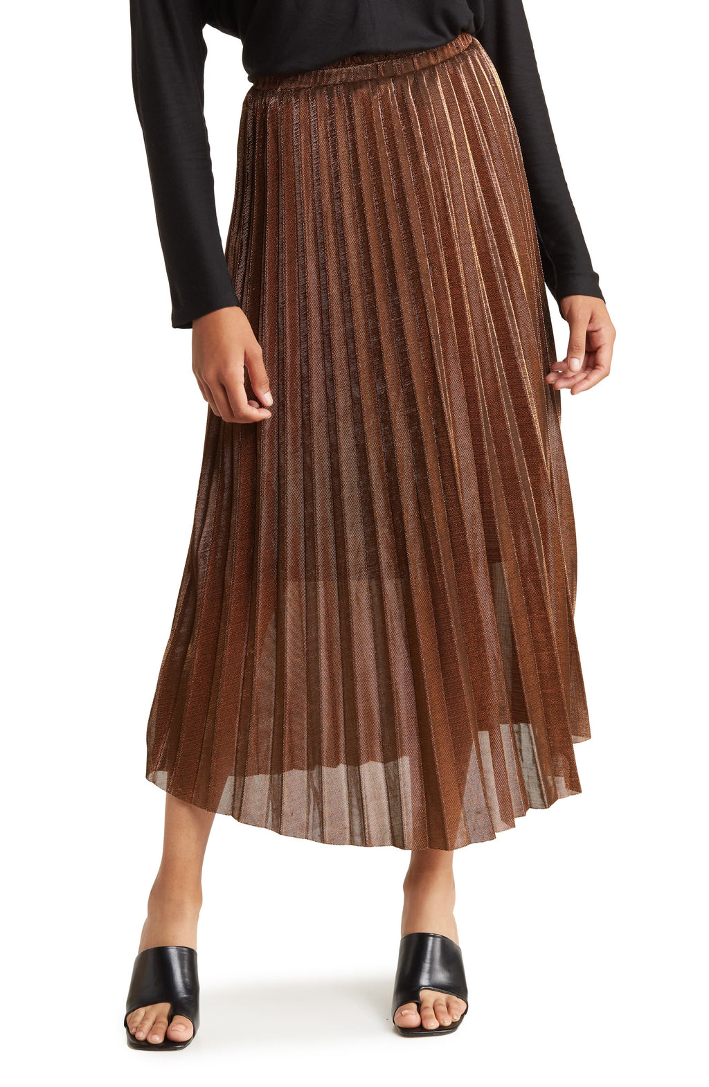 DR2 BY DANIEL RAINN Lamè Pleated Midi Skirt, Main, color, ROOT BEER