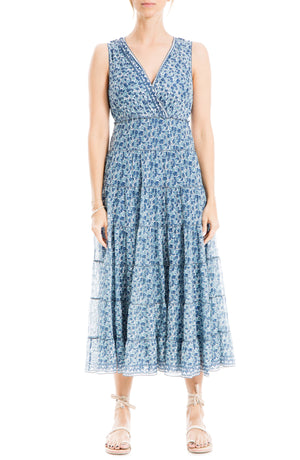 MAX STUDIO V-Neck Sleeveless Mesh Midi Dress, Main, color, IVORY/ BLUE LILY VINES