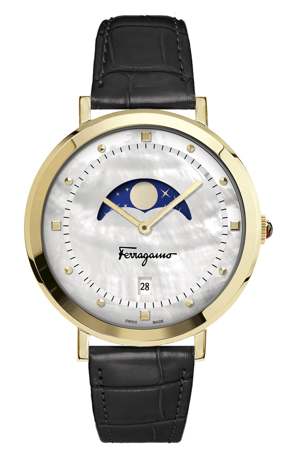 SALVATORE FERRAGAMO 3-Hand Quartz Croc Embossed Leather Strap Watch, 36mm, Main, color, GOLD