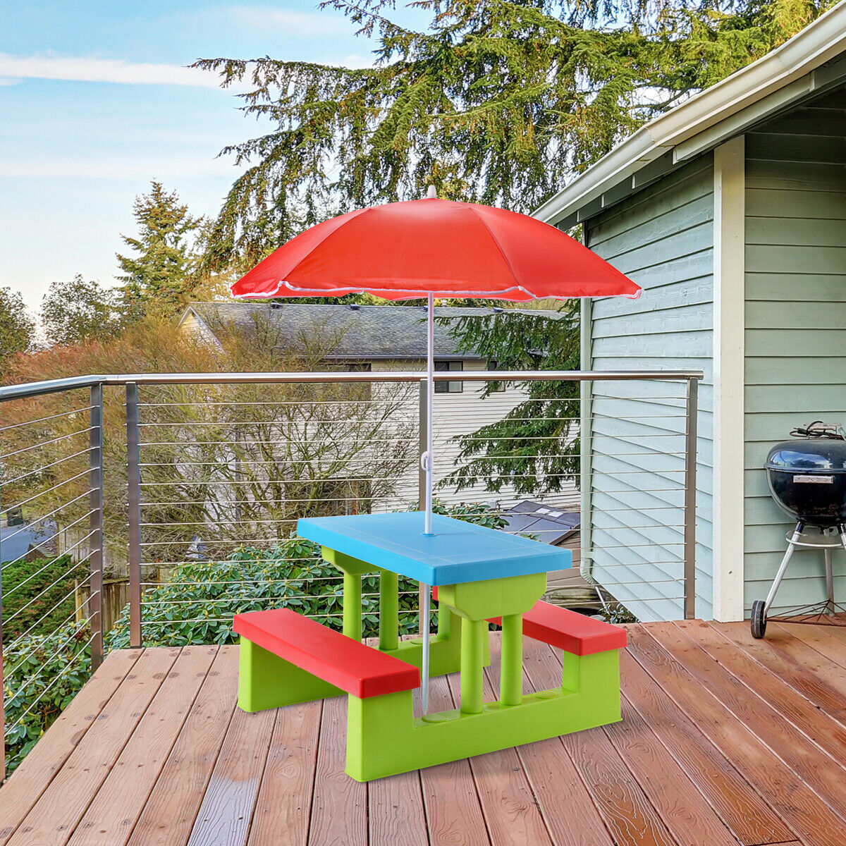 image 2 of Costway 4 Seat Kids Picnic Table w/Umbrella Garden Yard Folding Children Bench Outdoor