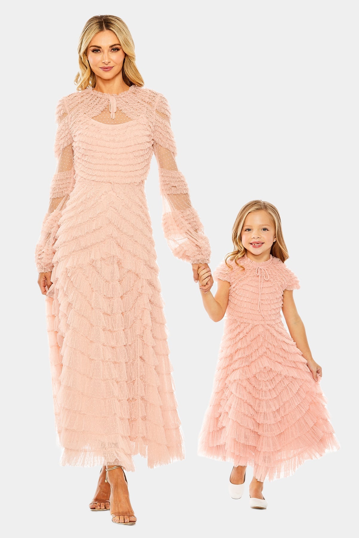 High Neck Puff Long Sleeve Ruffle Tiered Gown