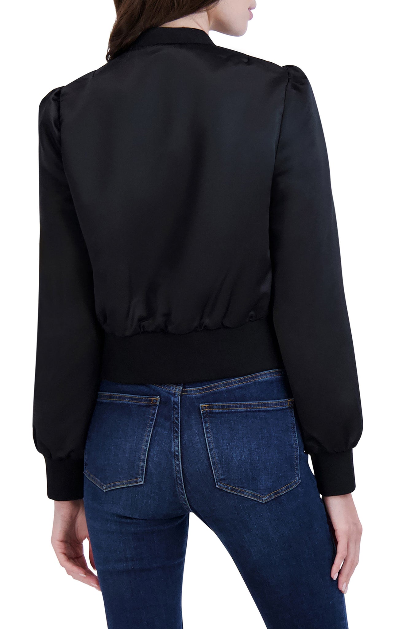 OOKIE & LALA Satin Crop Bomber Jacket, Main, color, BLACK