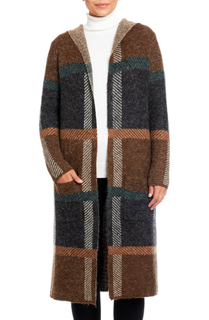 JOSEPH A Plaid Hooded Maxi Cardigan, Main, color, CHOCOLATE PLAID