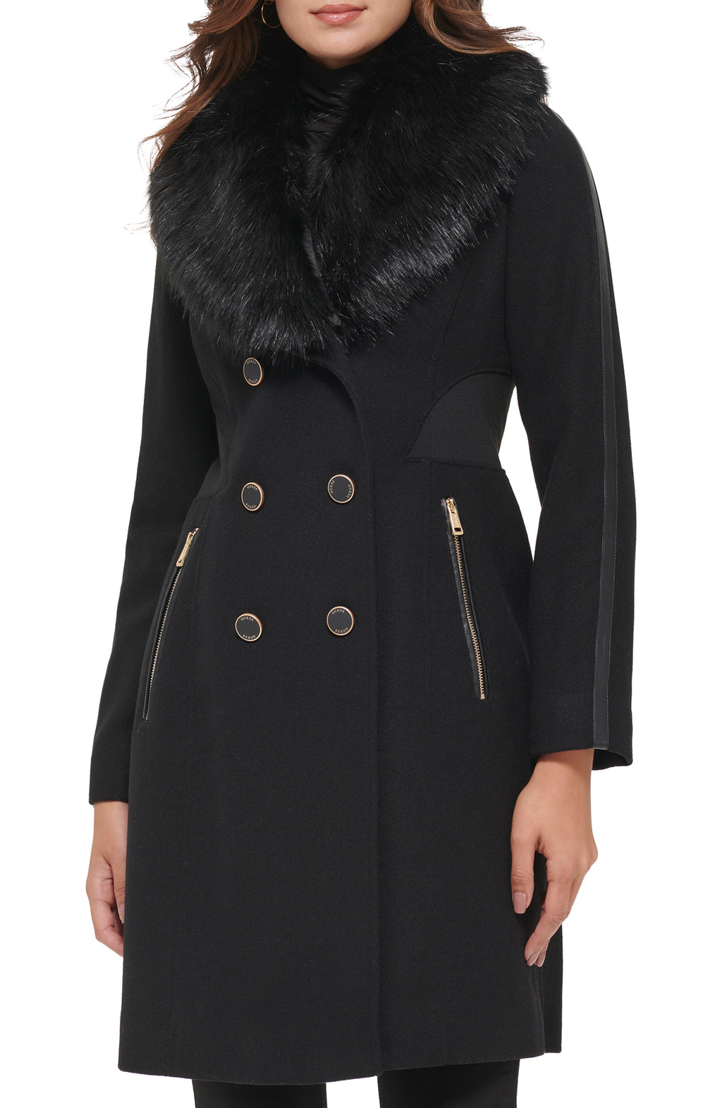 GUESS Faux Fur Shawl Collar Wool Blend Coat, Main, color, BLACK