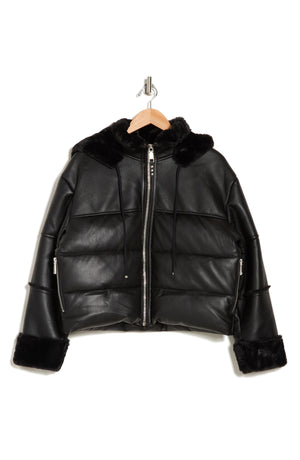 Rebecca Minkoff Faux Leather Puffer Jacket with Faux Fur Lining, Alternate, color, BLACK