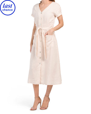 Linen Short Sleeve Belted V-neck Midi Dress