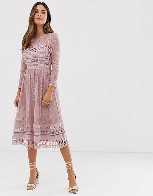 ASOS DESIGN lace midi skater dress in mink