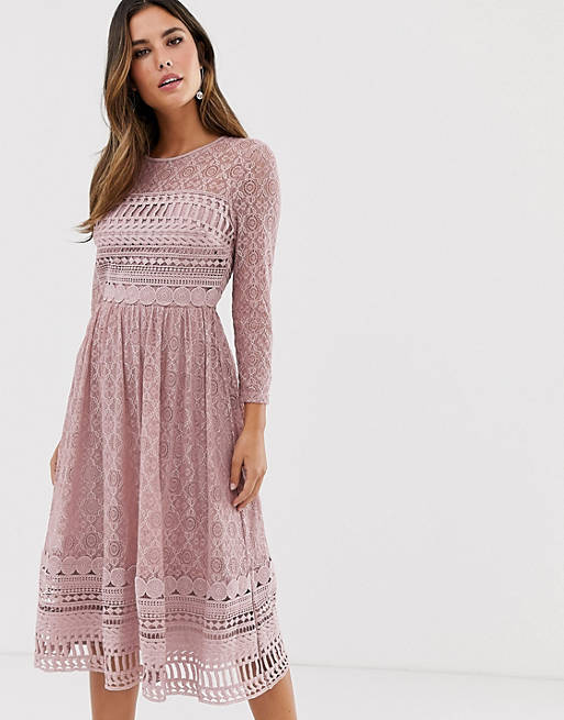 ASOS DESIGN lace midi skater dress in mink