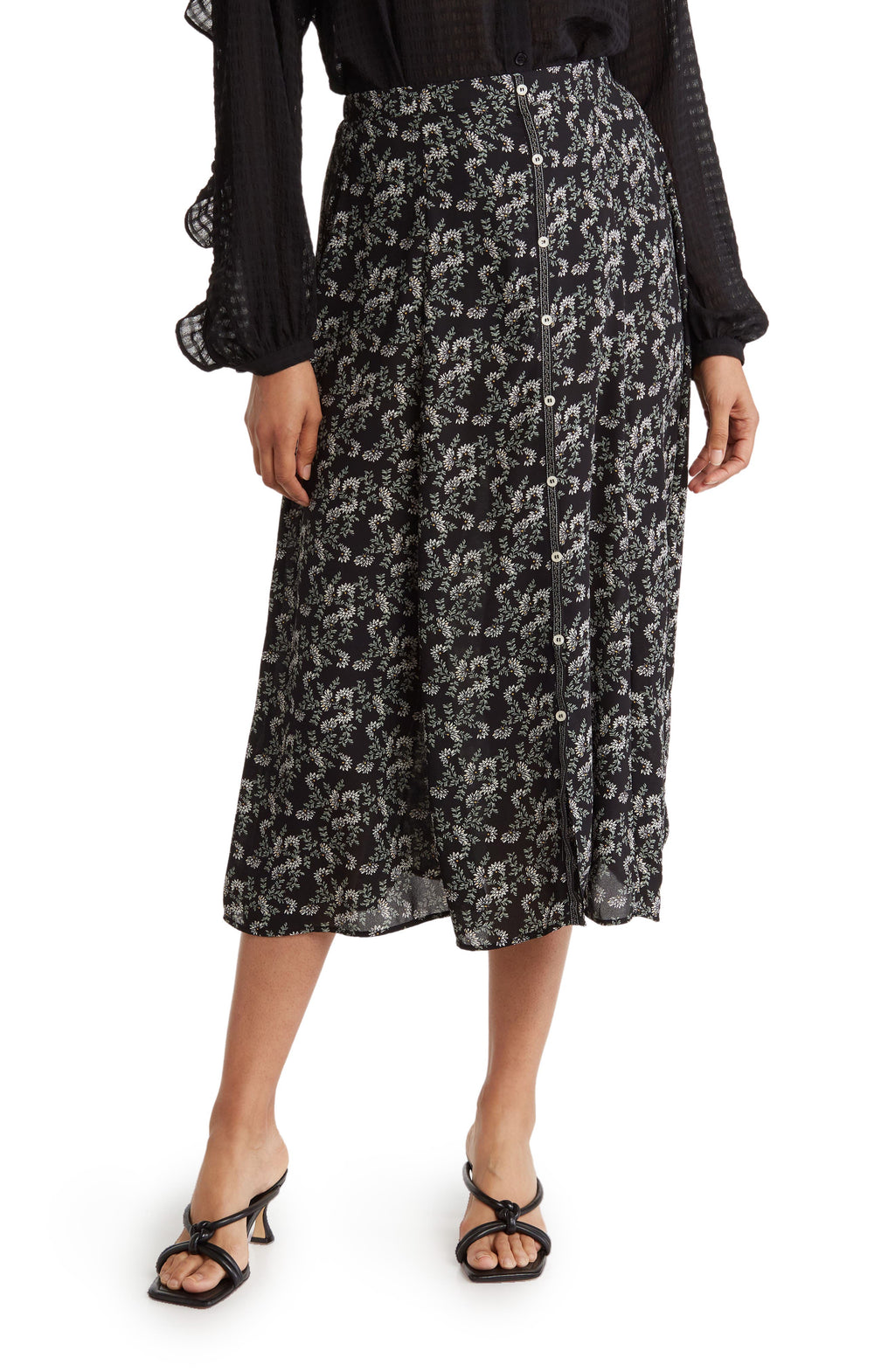 MAX STUDIO Button Front Maxi Skirt, Main, color, BLACK MINI MRGLDS