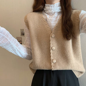 All-Match Winter Spring Woman Solid Casual Knitted Vest Cardigan Women's Loose Soft Coat Elegant Warm Sweater Button Retro Mori