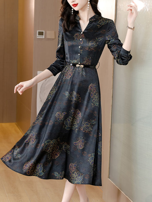Black Satin Autumn Spring Midi Dress 2022 Women Floral Tunics Chic Robe Long Sleeve Boho Vintage Elegant Dresses For Prom Korean