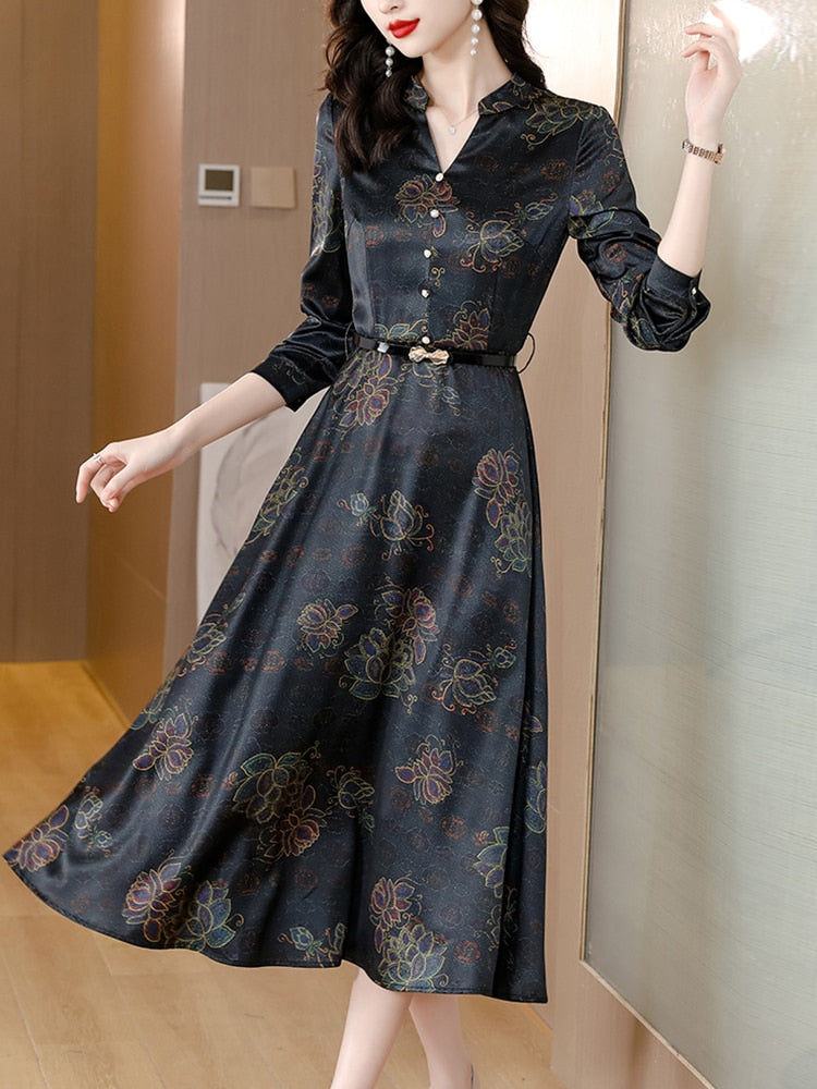 Black Satin Autumn Spring Midi Dress 2022 Women Floral Tunics Chic Robe Long Sleeve Boho Vintage Elegant Dresses For Prom Korean