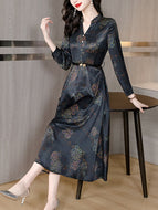 Black Satin Autumn Spring Midi Dress 2022 Women Floral Tunics Chic Robe Long Sleeve Boho Vintage Elegant Dresses For Prom Korean