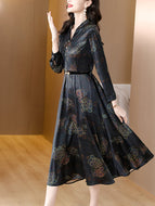 Black Satin Autumn Spring Midi Dress 2022 Women Floral Tunics Chic Robe Long Sleeve Boho Vintage Elegant Dresses For Prom Korean