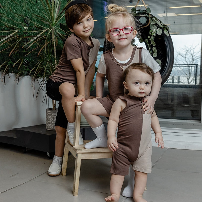 Brown denim colorblock set boys shirt round neck opening asymmetrical bottom soft material kids t shirt summer short/long sleeve