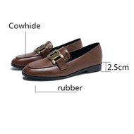 Cowhide Classic Style Black Metal Buckle Leather Flat Loafers Soft  Women Shoes Driving  Maternity Shoes  Pumps Brown Walking