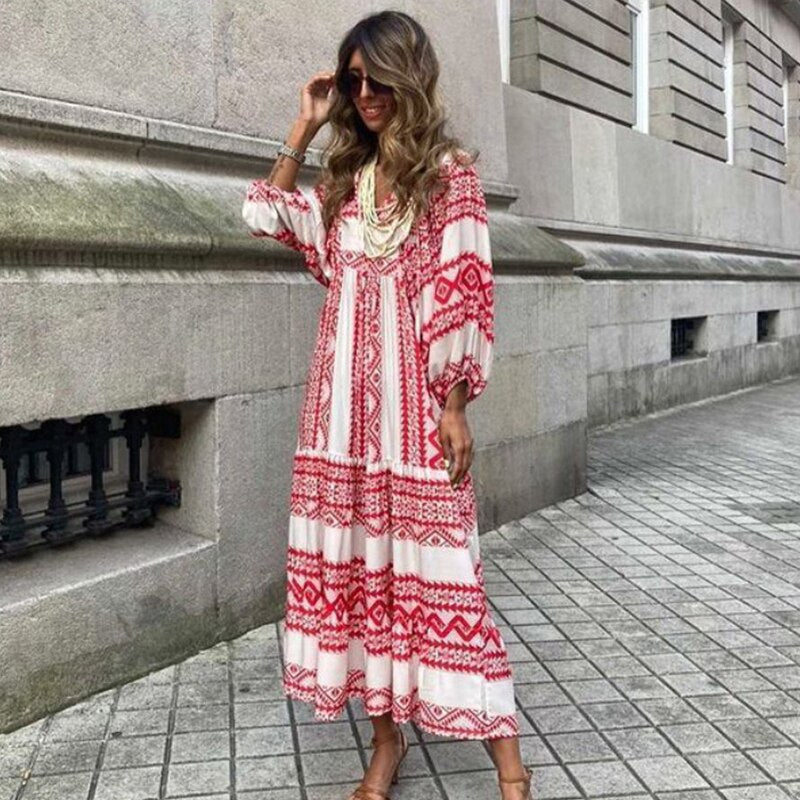 Elegant Boho Floral Drawstring Dress Women Puff Sleeve V Neck Printing Long Dress Summer Holiday Female Dresses Party Vestidos