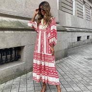 Elegant Boho Floral Drawstring Dress Women Puff Sleeve V Neck Printing Long Dress Summer Holiday Female Dresses Party Vestidos