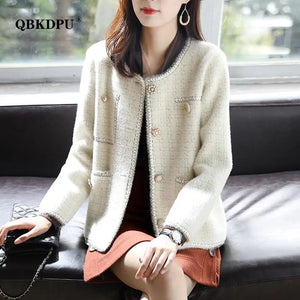 Elegant Crew Neck Soft Mink Cashmere Short Jacket Chic Pearl Button Long Sleeve Design Sweater Cardigan Korean Style Knit Coat