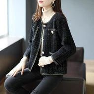 Elegant Crew Neck Soft Mink Cashmere Short Jacket Chic Pearl Button Long Sleeve Design Sweater Cardigan Korean Style Knit Coat