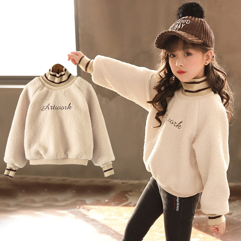 Elegant Winter Spring Autumn Sweater Warm Kids Girl Plus Velvet Lamb Wool Thicken Outfits Baby Boutique Toddler Children