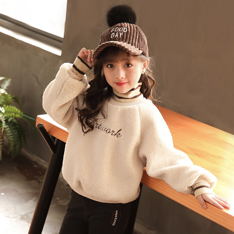 Elegant Winter Spring Autumn Sweater Warm Kids Girl Plus Velvet Lamb Wool Thicken Outfits Baby Boutique Toddler Children