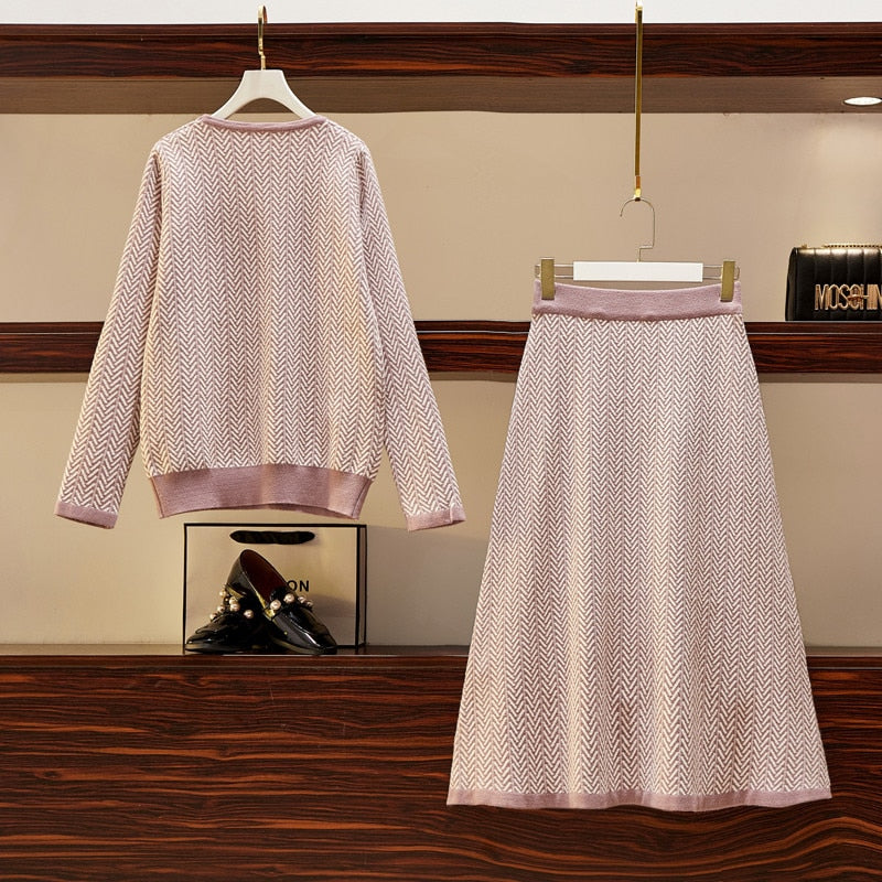 High Quality New Autumn Winter 2 Piece Set Women Knitted Striped  Sweater Skirt Suit Long Sleeve Knit Pullover A-line Skirt Sets