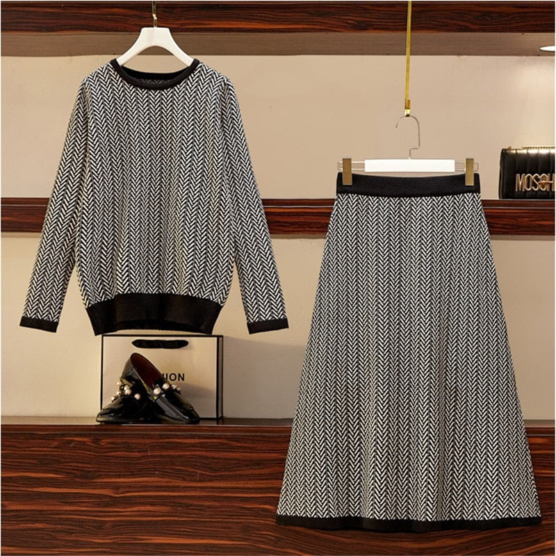 High Quality New Autumn Winter 2 Piece Set Women Knitted Striped  Sweater Skirt Suit Long Sleeve Knit Pullover A-line Skirt Sets