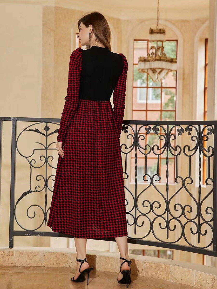 Long sleeve dress  2023 Thousand-bird plaid patchwork dress  Spring and autumn women's leisure medium length A-line dress