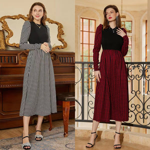 Long sleeve dress  2023 Thousand-bird plaid patchwork dress  Spring and autumn women's leisure medium length A-line dress