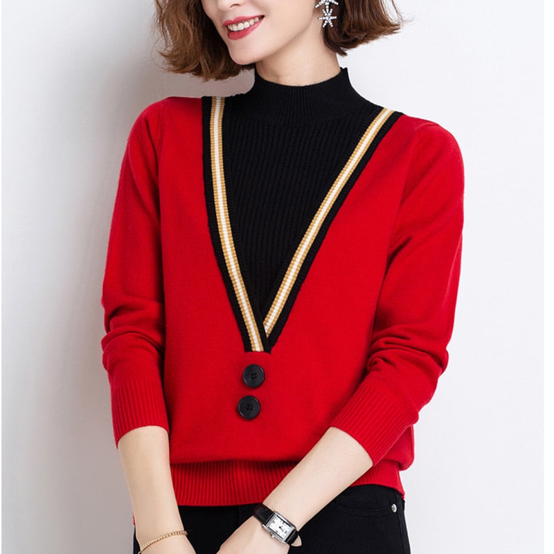 New Fake Two-piece Women Sweater 2022 Autumn Winter Half High Collar Long Sleeve Pullovers Top Femme Knitted Loose Sweater Mujer